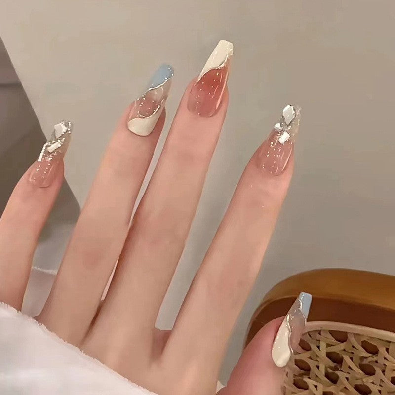 Abstract Artistry Long Coffin Beige Press On Nail Set with Blue and White Accents and Gold Flakes