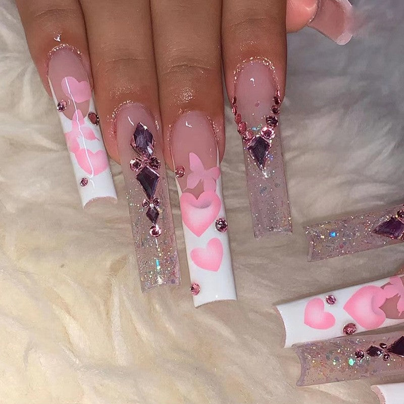 Love Spell Extra Long Square Pink and White Ombre Press On Nail Set with Heart Designs and Crystal Embellishments
