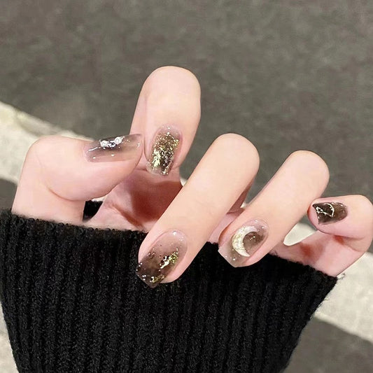Golden Shimmer Medium Square Clear Press On Nail Set with Gold Flakes and Triangle Accents