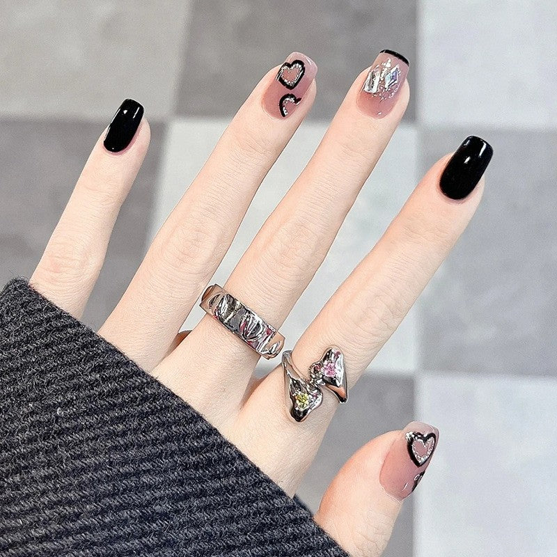 Sophisticated Noir Short Square Black and Beige Press On Nail Set with Heart Accents and Silver Glitter