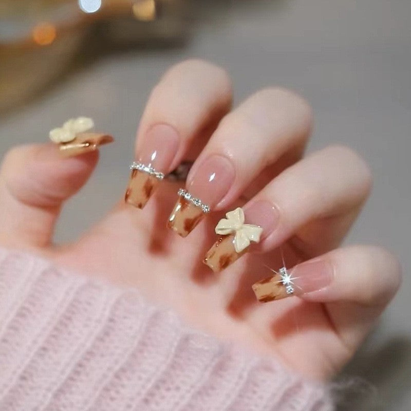 Autumn Chic Medium Coffin Beige Press On Nail Set with Tortoiseshell Tips and Sparkling Stone Embellishments