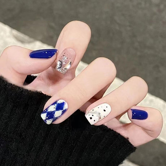 Bold Expression Short Square Cobalt Blue Press On Nail Set with Silver Glitter and White Polka Dot Accents