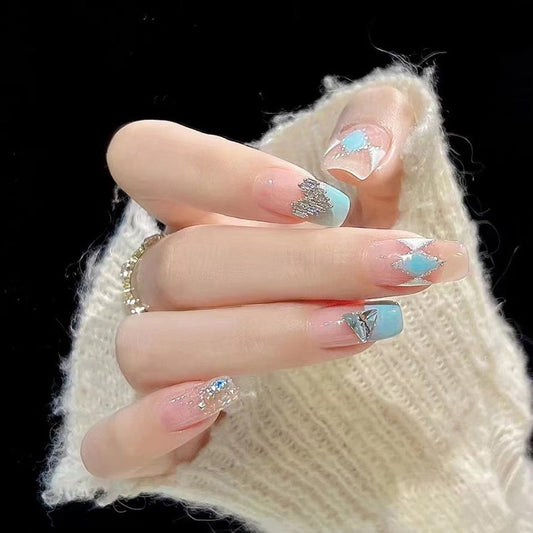 Winter Whisper Medium Square Baby Blue Ombre Press On Nail Set with Silver Glitter and Heart Accents
