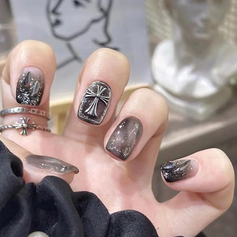 Mystic Charcoal Short Square Dark Grey Press On Nail Set with Silver Glitter and Cross Accents