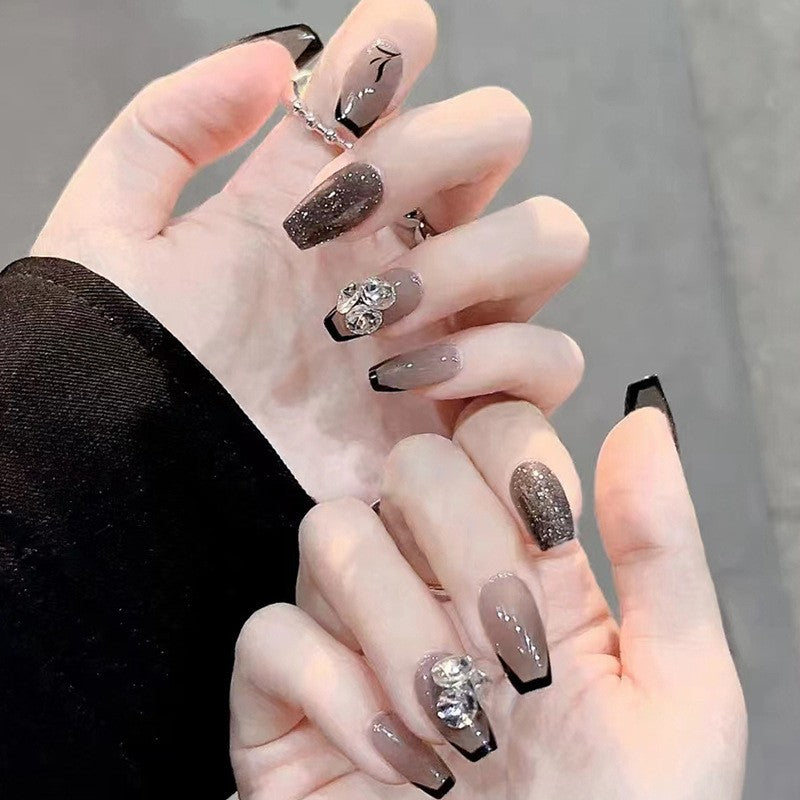 Glamorous Edge Medium Coffin Black and Taupe Press On Nail Set with Silver Glitter and Rhinestone Embellishments