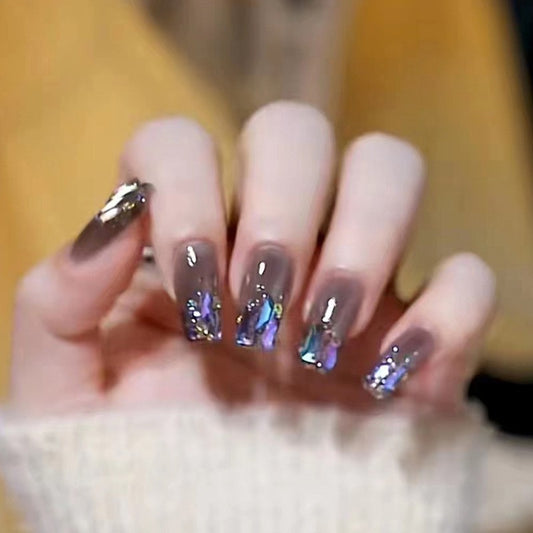 Iridescent Dream Medium Square Mocha Press On Nail Set with Holographic Flakes and Silver Accents