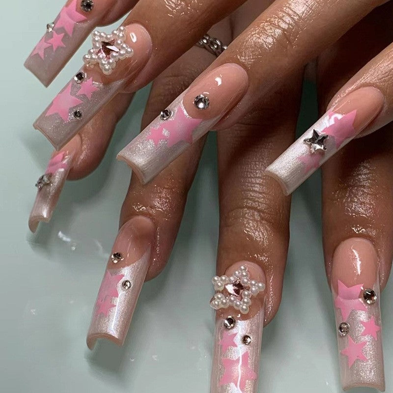 Starlight Charm Long Square Beige and Pink Ombre Press On Nail Set with Glitter Accents and Rhinestone Embellishments