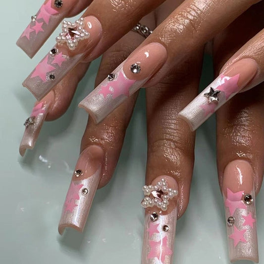 Starlight Charm Long Square Beige and Pink Ombre Press On Nail Set with Glitter Accents and Rhinestone Embellishments