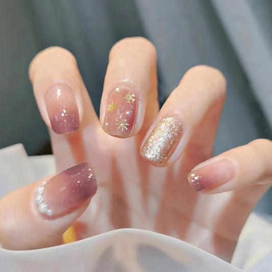 Stardust Glow Short Square Mauve Press On Nail Set with Gold Star Accents and Glitter Highlights
