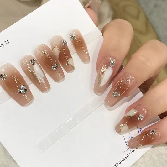 Elegant Affair Medium Coffin Beige Press On Nail Set with Silver Rhinestone Clusters and Delicate White Accents