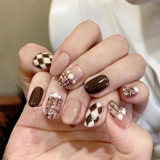 Chic Checkered Medium Round Mocha and Beige Press On Nail Set with Pearl Accents and Plaid Patterns