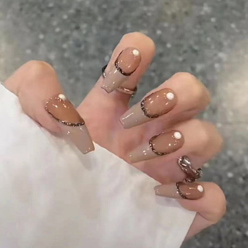 Sophisticated Swirl Long Coffin Taupe Press On Nail Set with Glitter Accents and Rhinestone Embellishments