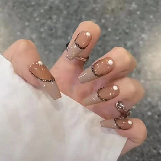 Sophisticated Swirl Long Coffin Taupe Press On Nail Set with Glitter Accents and Rhinestone Embellishments