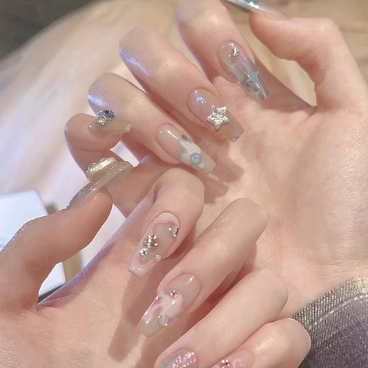 Twinkling Constellation Long Coffin Translucent Press On Nail Set with Pastel Accents and Rhinestone Embellishments