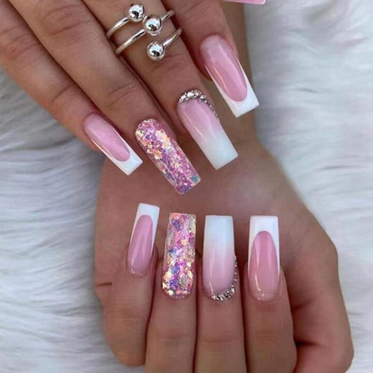 Barbie Show Long Coffin Pink Glitter Press On Nails