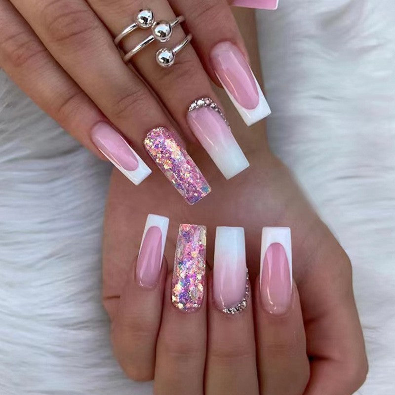 Glamorous Long Square Ombre Press On Nails with Sparkling Pink Glitter and Rhinestone Embellishments