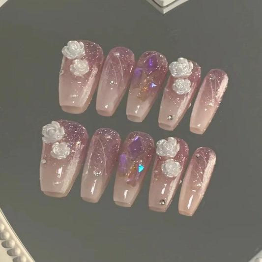 Rose Petal Romance Medium Coffin Press On Nails with Sparkling Glitter and 3D Rose Embellishments
