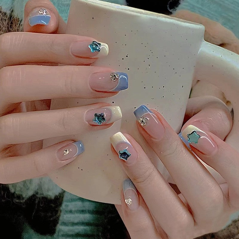 Starry Skies Medium Square Press On Nails in Pastel Ombre with Gemstone Accents
