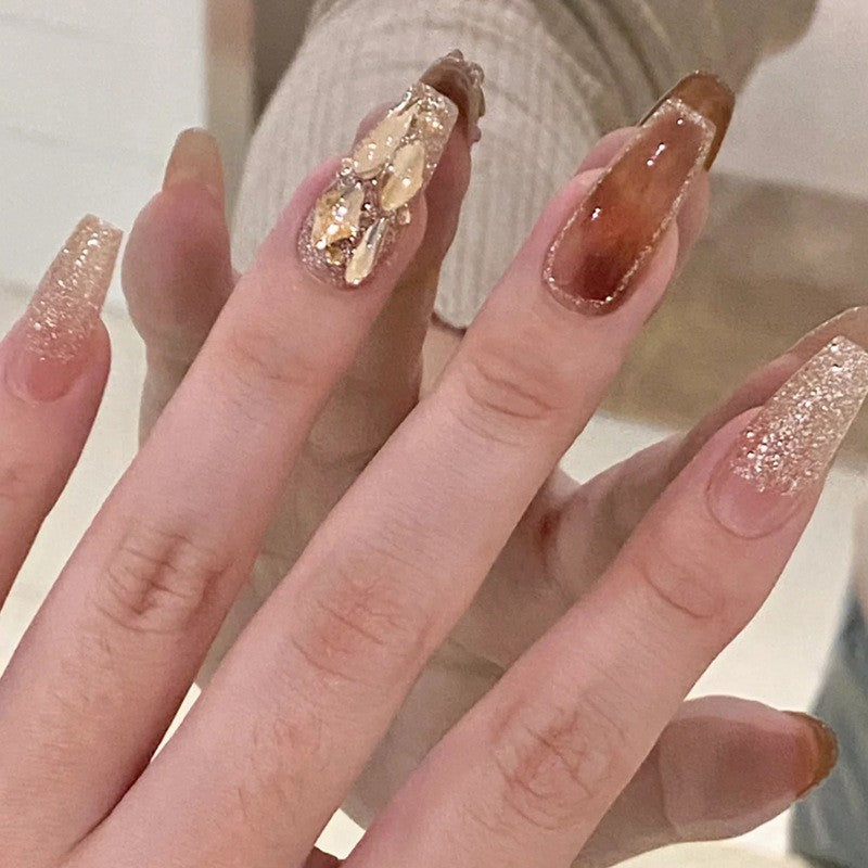 Elegant Coffin Medium Length Press On Nails in Sheer Pink with Glitter Overlay and Jewel Accents