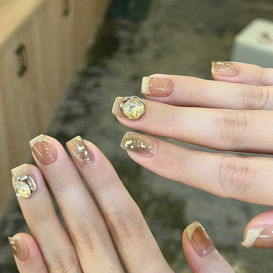 Luxurious Short Square Beige Press On Nails with Gold Flakes and Chunky Gem Embellishments