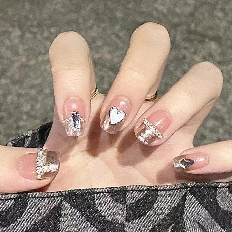 Valentine's Day Romance Short Square Clear Press-On Nail Set with Pink Heart Design and Silver Glitter Accents