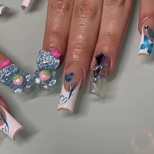 Whimsical Wonders Extra Long Square Transparent Press On Nails With Blue Floral Art And 3D Glitter Accents