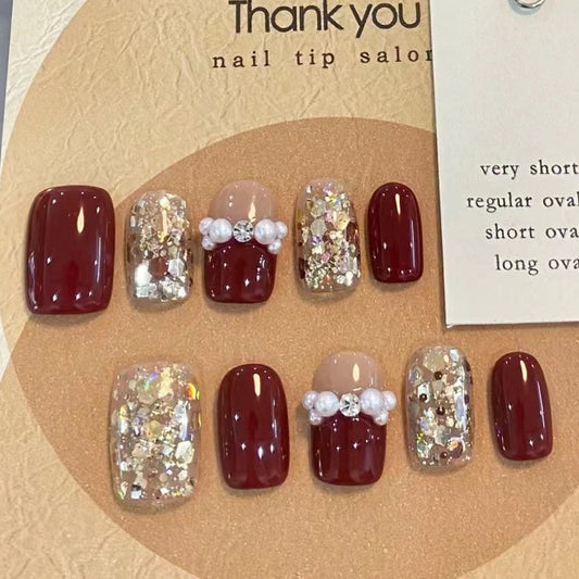 Gala Glamour Medium Square Burgundy Press-On Nails with Crystal Embellishments and Pearl Accents