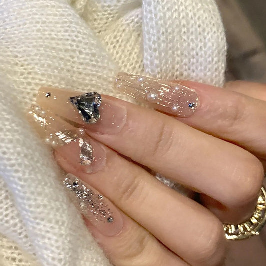 Diamond Dazzle Long Coffin Clear Press-On Nails with Sparkling Glitter and Bold Black Gem Accent