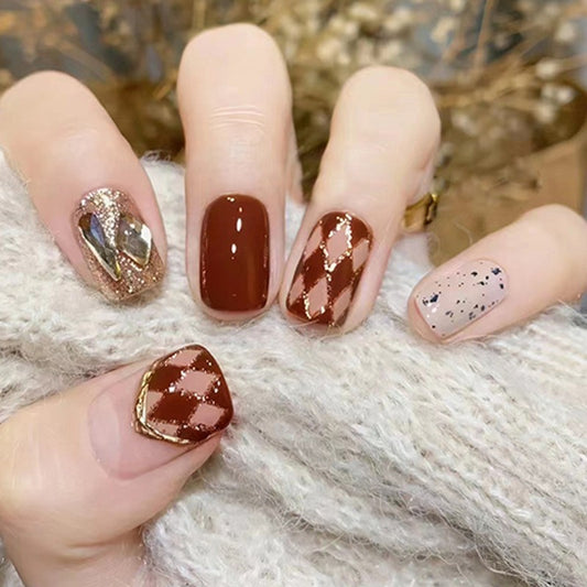 Autumn Elegance Medium Squoval Mocha Press-On Nails with Gold Glitter Accents and Speckled Detail