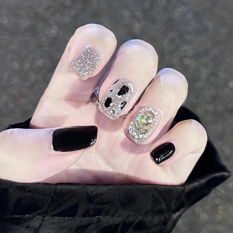 Midnight Sparkle Medium Square Black Press-On Nails with Silver Glitter and Crystal Embellishments