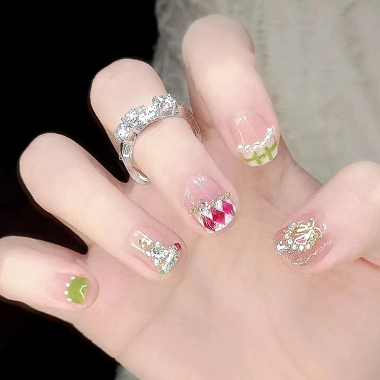 Spring Blossom Medium Squoval Clear Press-On Nails with Pink Floral Design and Gold Bead Embellishments