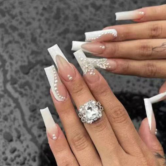 Luxury Wedding Extra Long Coffin Beige Press-On Nails with White French Tips and Rhinestone Accents