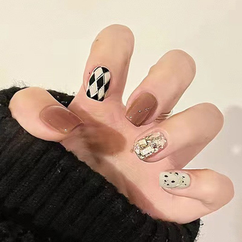 Modern Chic Medium Square Beige Press-On Nails with Black Geometric Patterns and Crystal Embellishments