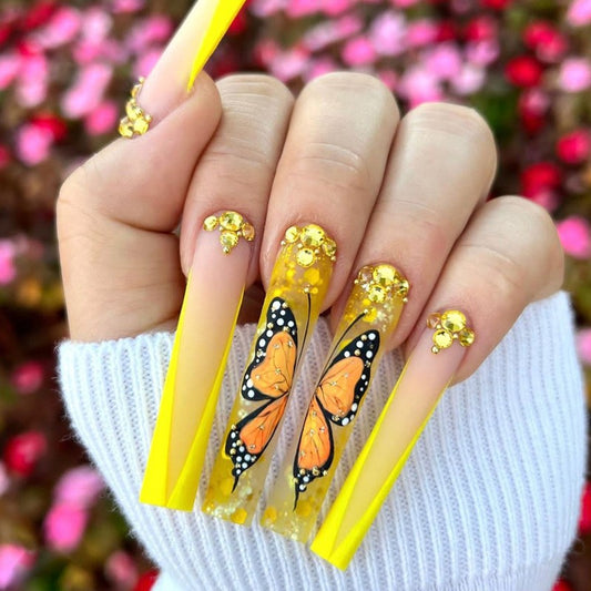 Summer Sunshine Long Coffin Yellow Press-On Nails with Butterfly Design and Gold Flake Accents