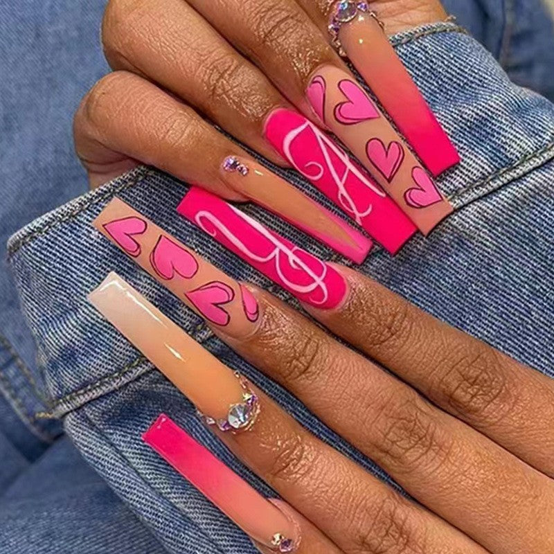 Meeting Up Long Coffin Pink Bold Press On Nails