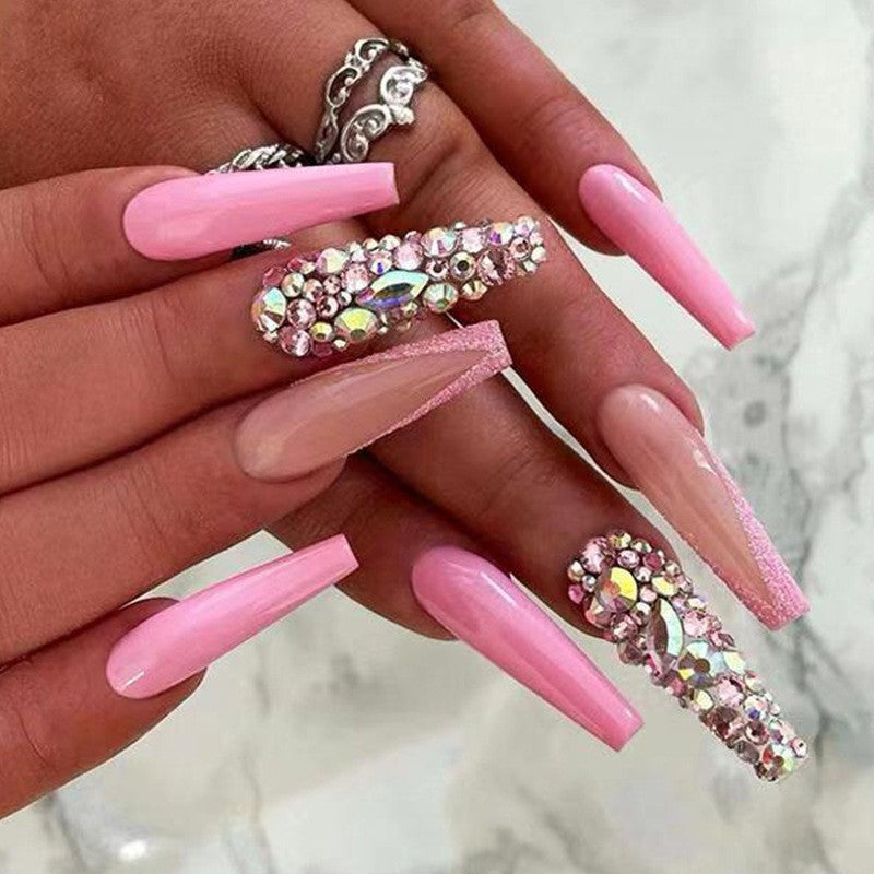 Let's Link Up Long Coffin Pink Bold Press On Nails