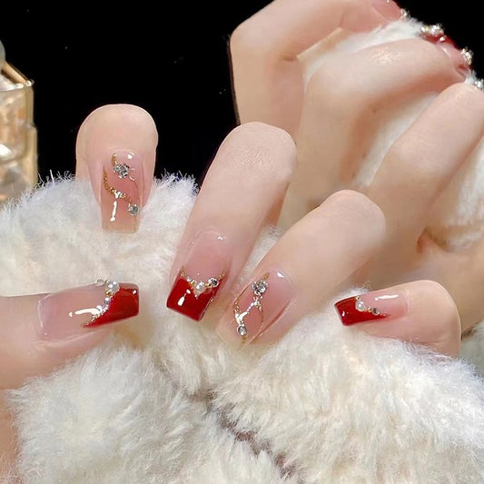 Coco Pearl Medium Square Red Glossy Press On Nails