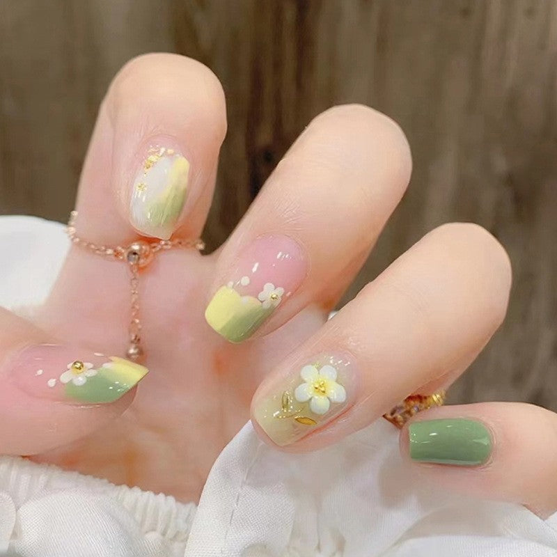 French Meadow Short Square Green Floral Press On Nails