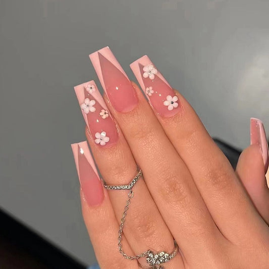 Sakura Season Long Coffin Pink Floral Press On Nails