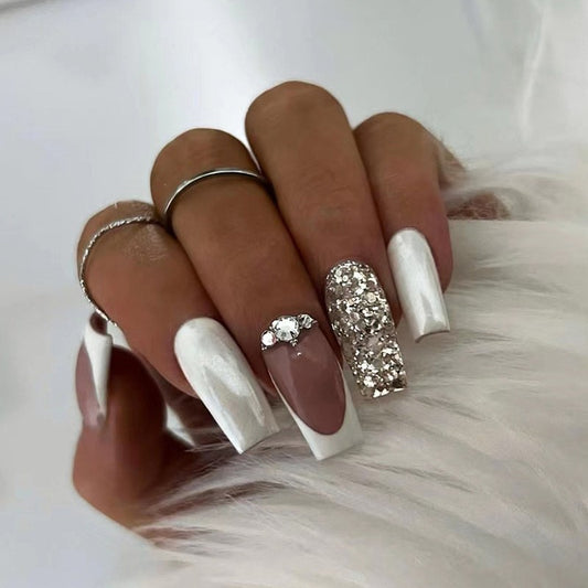 Diamond Tour Long Square Silver Studded Press On Nails