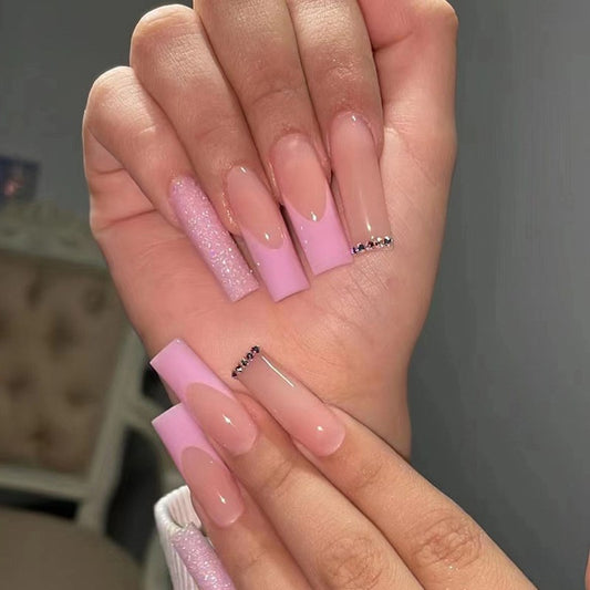 Most Excited Long Square Pink French Tips Press On Nails
