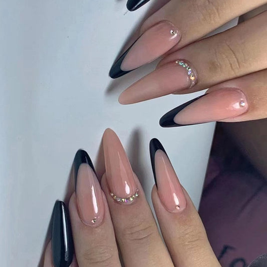 English Ladies Long Oval Black French Tips Press On Nails