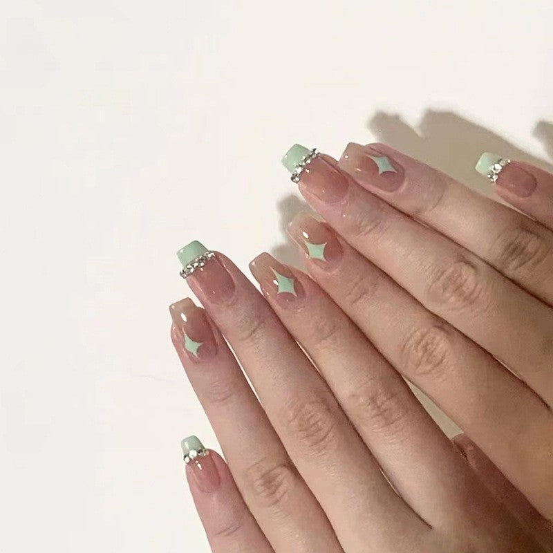 Afternoon Tea Medium Square Green Studded Press On Nails