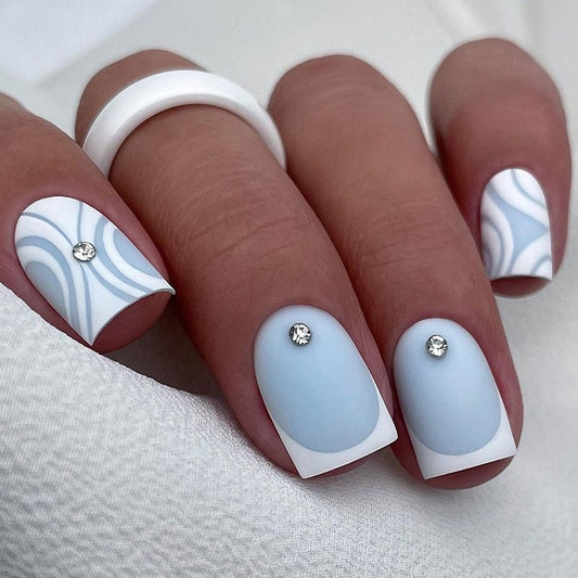Baby Blue Bell Short Square Blue Marble Press On Nails