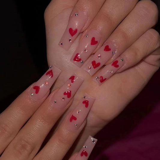 Love Raffle Long Coffin Red Hearts Press On Nails