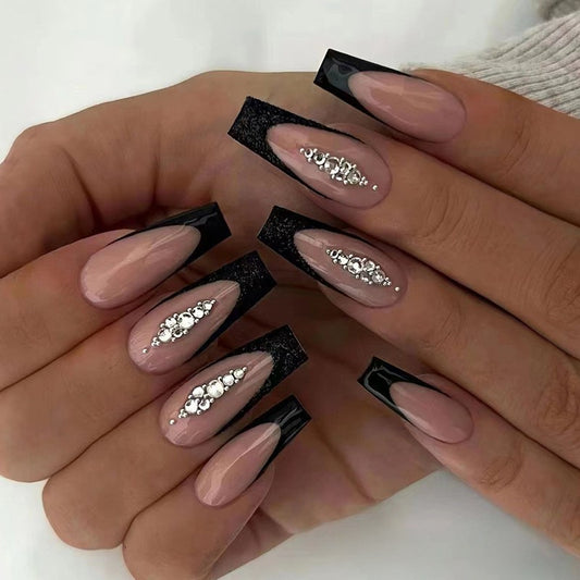 Irish Babe Long Coffin Black Studded Press On Nails