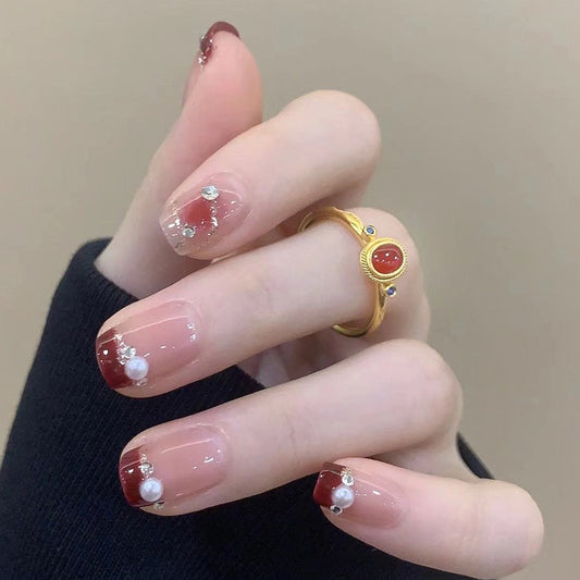 Amore Short Square Red Pearls Press On Nails