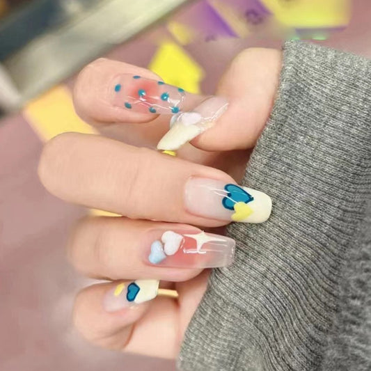 Parisian Hearts Long Coffin Multicolor Hearts Press On Nails