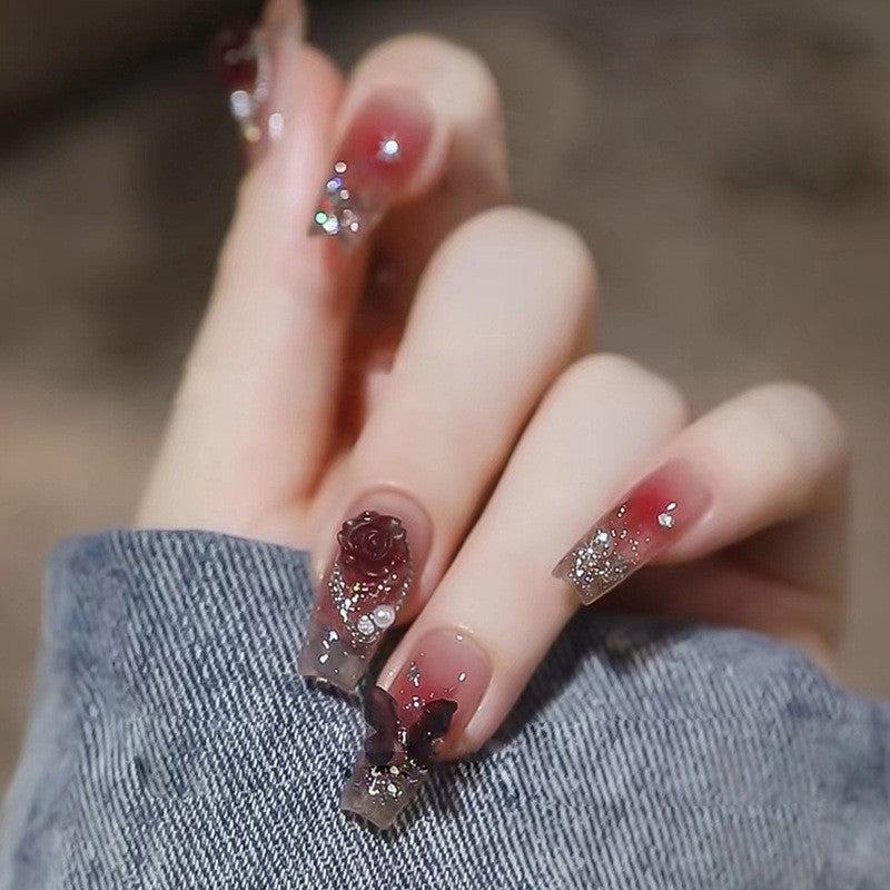 La Rose Long Coffin Red Jelly Press On Nails