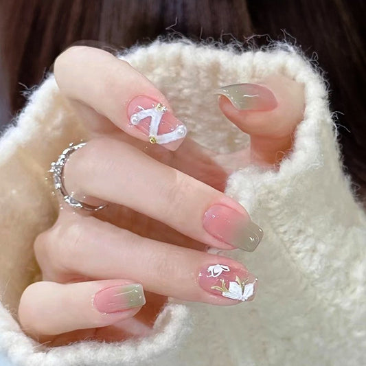 Island Surfer Medium Square Green Floral Press On Nails